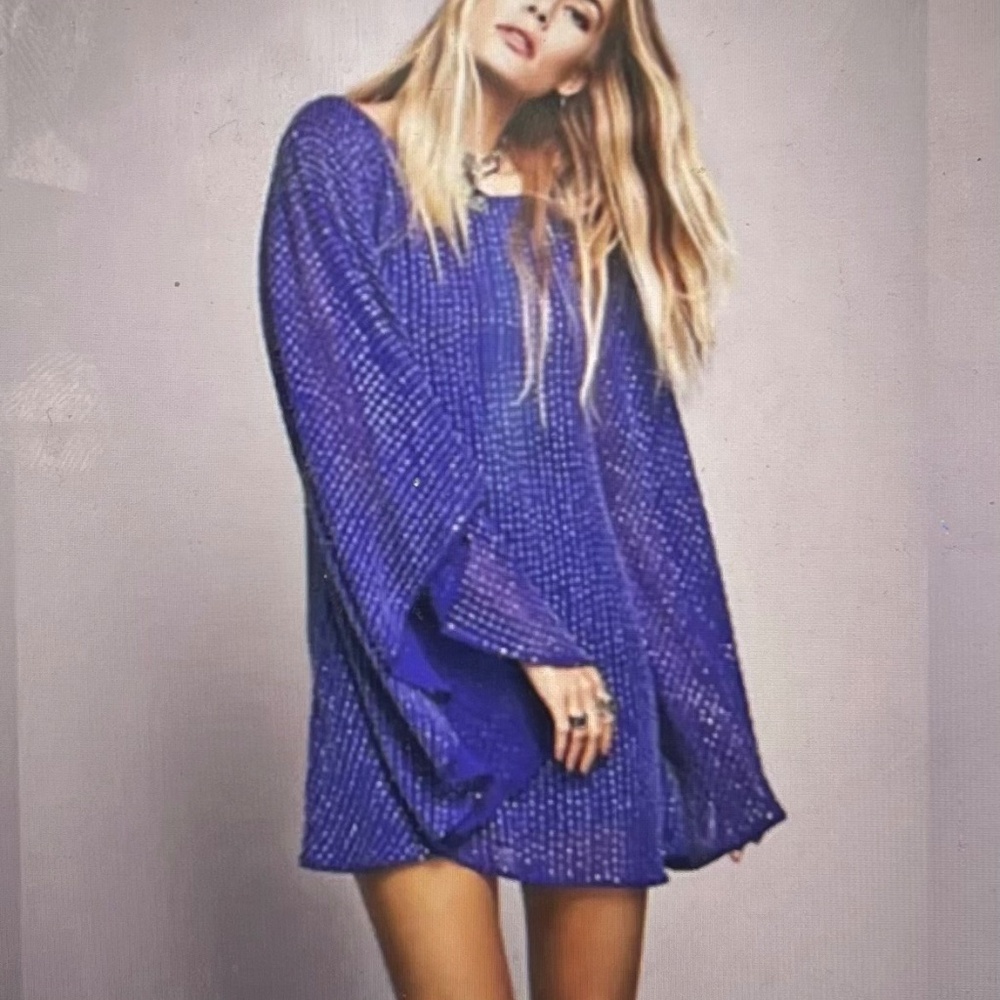 Free People Deep Sea Blue Purple Chrysallis Beaded Sequin Kaftan Mini Dress S